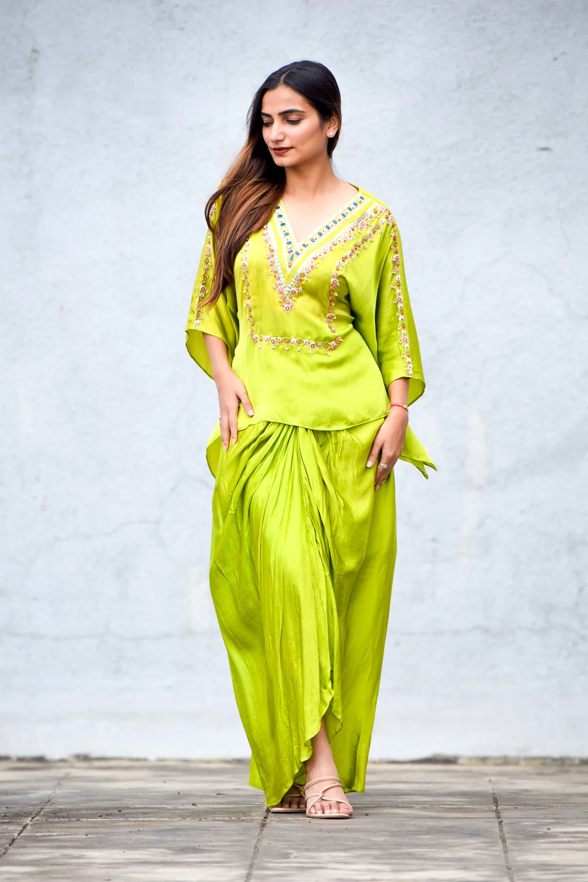 Lime green embroidered outfit with draped trousers